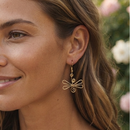 Wire Wrapped Dragonfly Dangle Earrings – Handmade Gold-Tone Nature Statement Jewelry