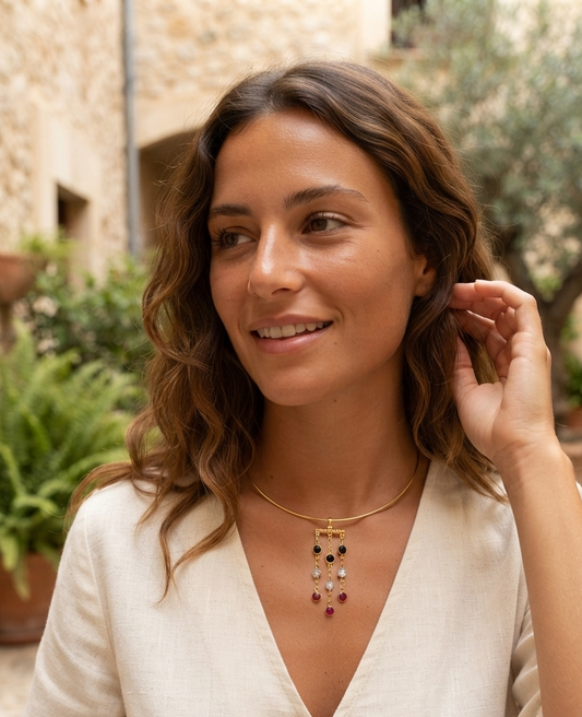 Multi-Stone Chandelier Collar Necklace – Gold Architectural Gemstone Statement Necklace