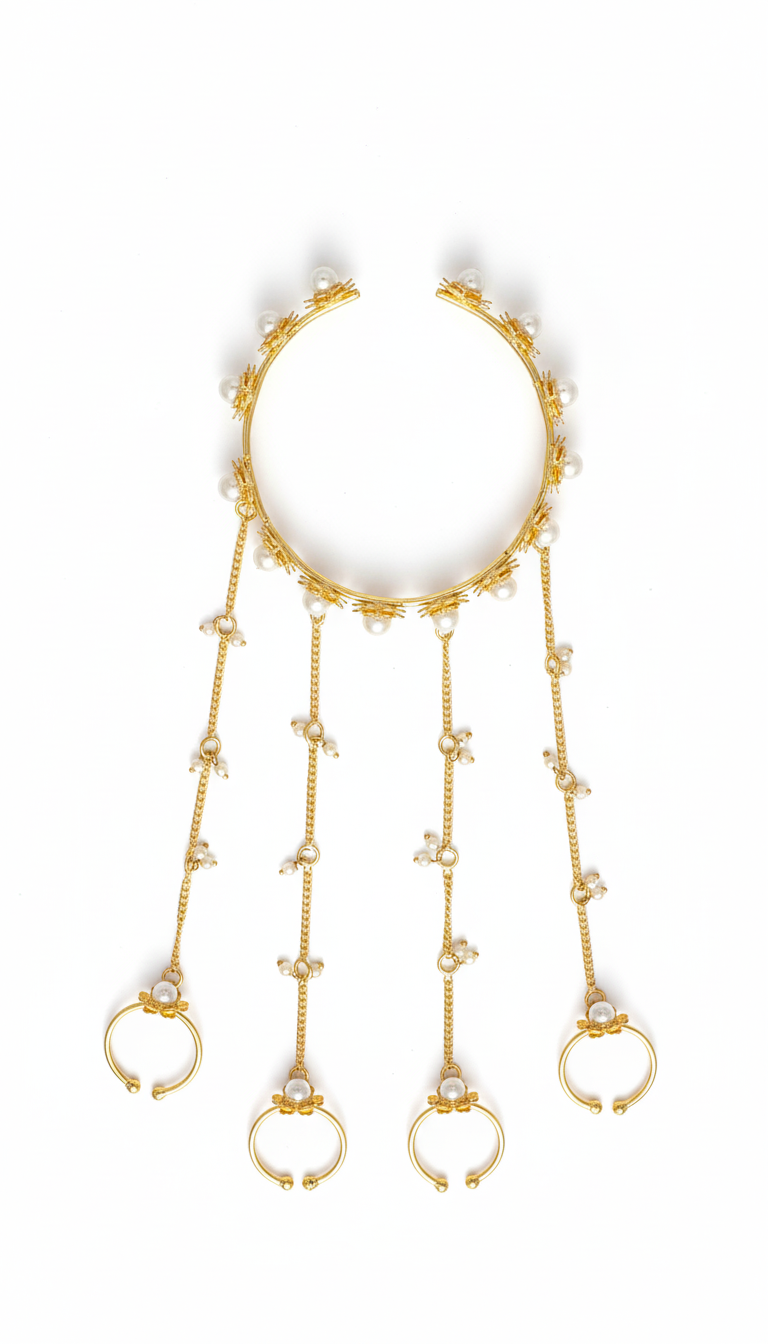 Gold-Plated Pearl Haathphool – Bridal Hand Chain Jewelry with Finger Rings