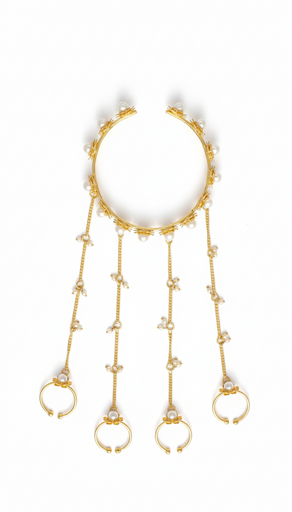 Gold-Plated Pearl Haathphool – Bridal Hand Chain Jewelry with Finger Rings