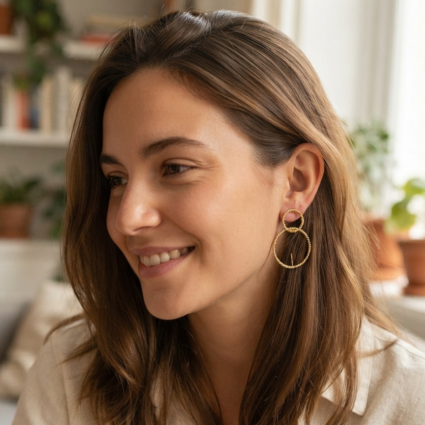 Gold-Tone Twisted Double Circle Drop Earrings – Minimalist Geometric Statement Jewelry