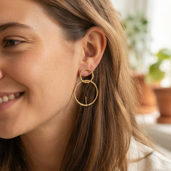 Gold-Tone Twisted Double Circle Drop Earrings – Minimalist Geometric Statement Jewelry