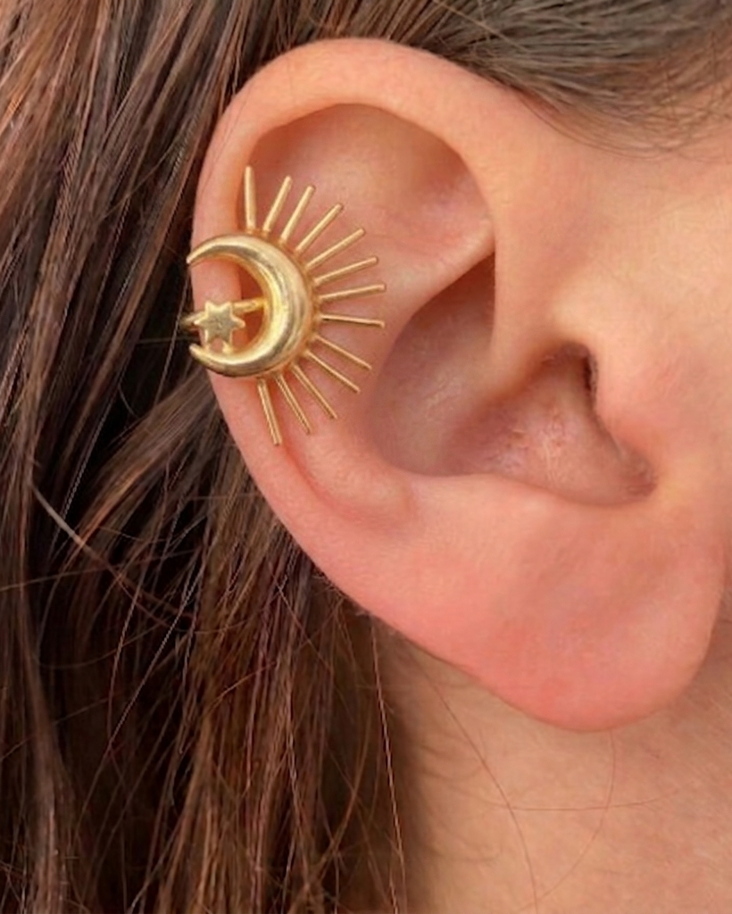 Gold Crescent Moon & Sunburst Ear Cuff • Celestial Non-Pierced Earring Set