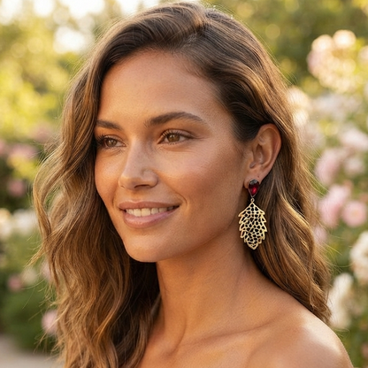 Crystal & Gold Filigree Leaf Drop Earrings – Artisan Botanical Statement Jewelry