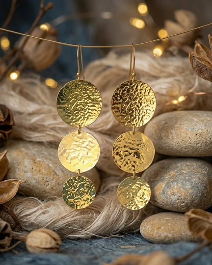 Gold Disc Drop Earrings | Hammered Coin Earrings | Statement Dangle Earrings for Women