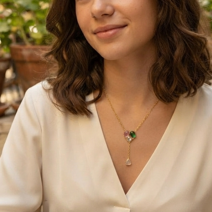 Multicolored Gemstone Drop Pendant Necklace – Gold Floral Cluster Y-Necklace