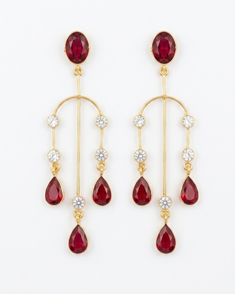 Gold Plated Ruby Red Stone Dangle Earrings for Women