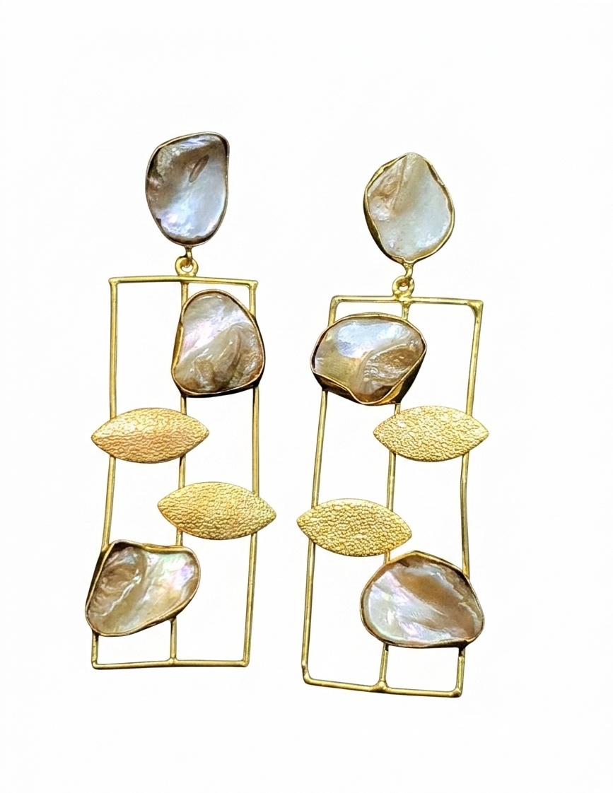 Iridescent Pearl Statement Earrings • Geometric Gold Drop Earrings • Modern Boho Bridal Jewelry