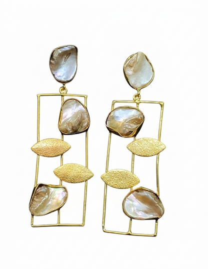 Iridescent Pearl Statement Earrings • Geometric Gold Drop Earrings • Modern Boho Bridal Jewelry