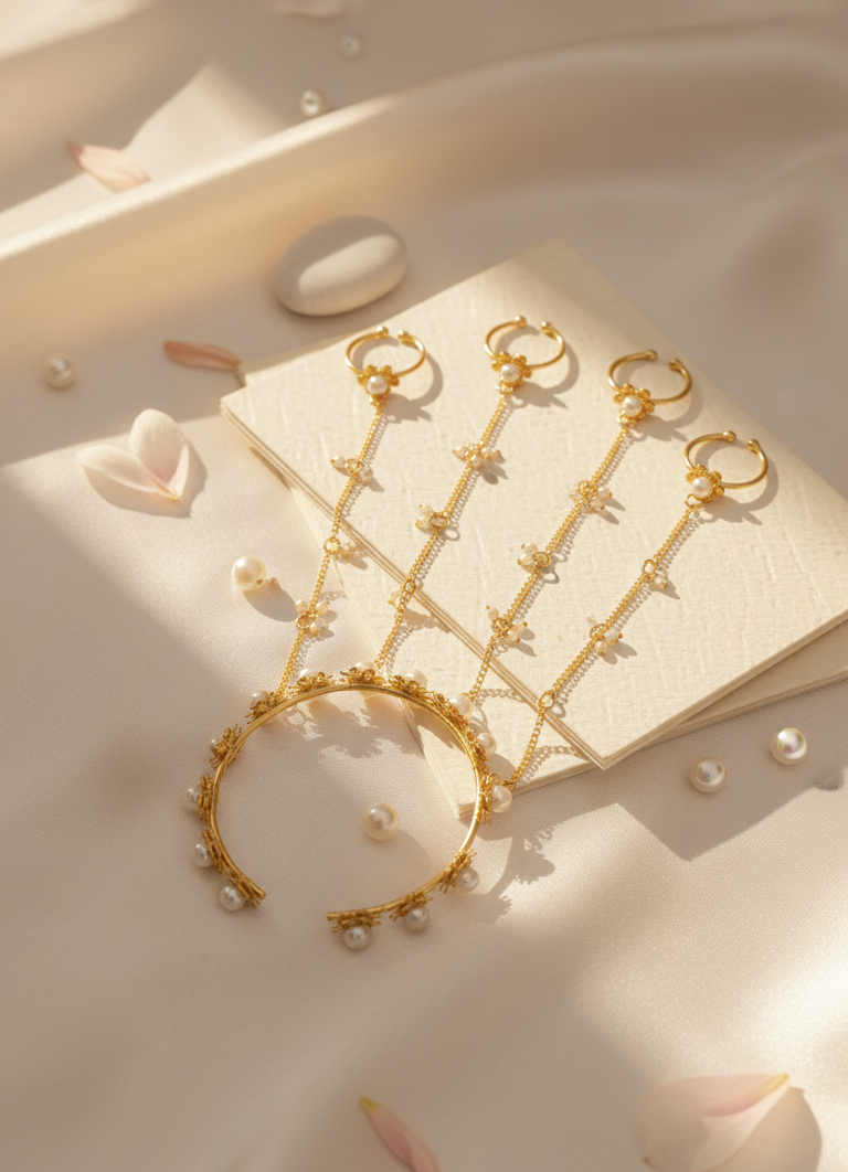 Gold-Plated Pearl Haathphool – Bridal Hand Chain Jewelry with Finger Rings