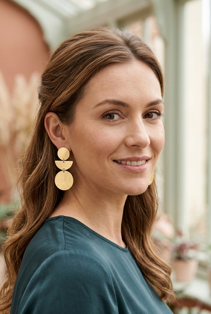 Gold Geometric Drop Earrings • Hammered Brass Dangle Earrings