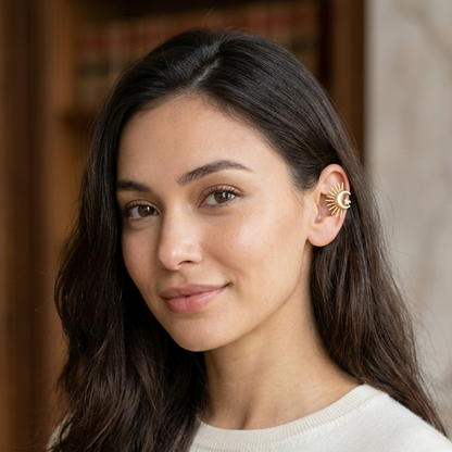 Gold Crescent Moon & Sunburst Ear Cuff • Celestial Non-Pierced Earring Set