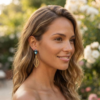 Teardrop Crystal & Gold Cutout Leaf Drop Earrings – Botanical Boho Statement Dangle Jewelry