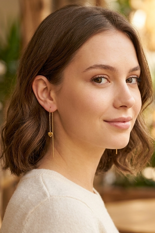 Gold Heart Threader Earrings • Dainty Long Chain Pull-Through Earrings