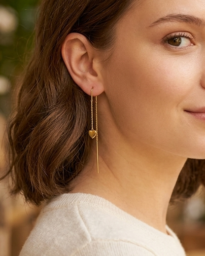 Gold Heart Threader Earrings • Dainty Long Chain Pull-Through Earrings
