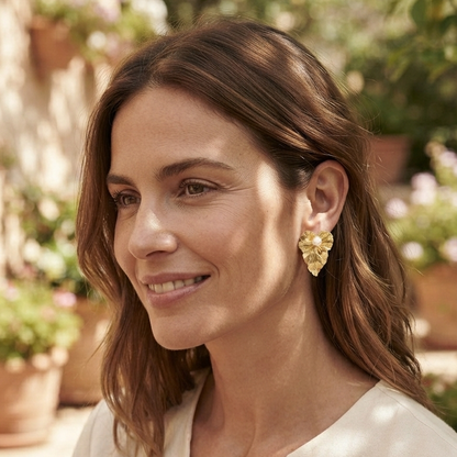Gold Leaf Pearl Stud Earrings – Ornate Botanical Statement Jewelry for Her