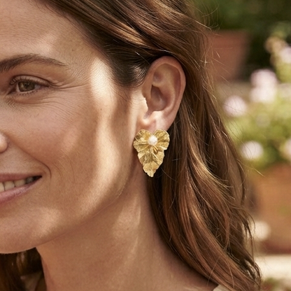 Gold Leaf Pearl Stud Earrings – Ornate Botanical Statement Jewelry for Her