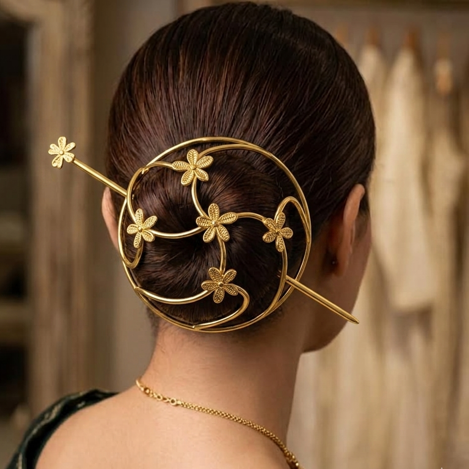 Gold Floral Hair Bun Cage • Minimalist Flower Hair Stick & Slide