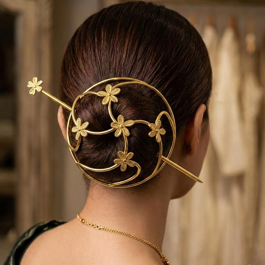 Gold Floral Hair Bun Cage • Minimalist Flower Hair Stick & Slide