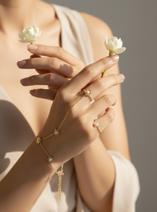 Gold-Plated Floral Hand Chain Bracelet with Pearl Accents
