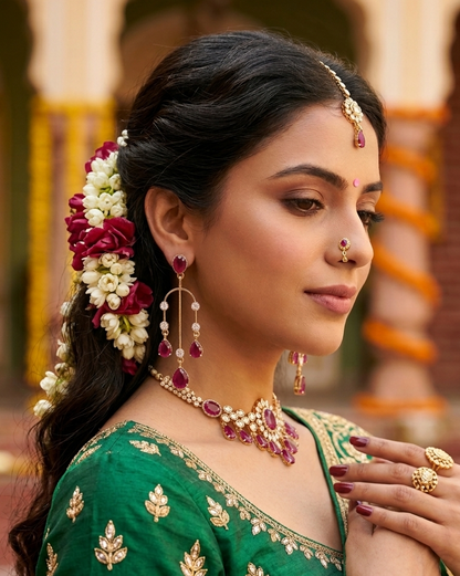 Gold Plated Ruby Red Stone Dangle Earrings for Women