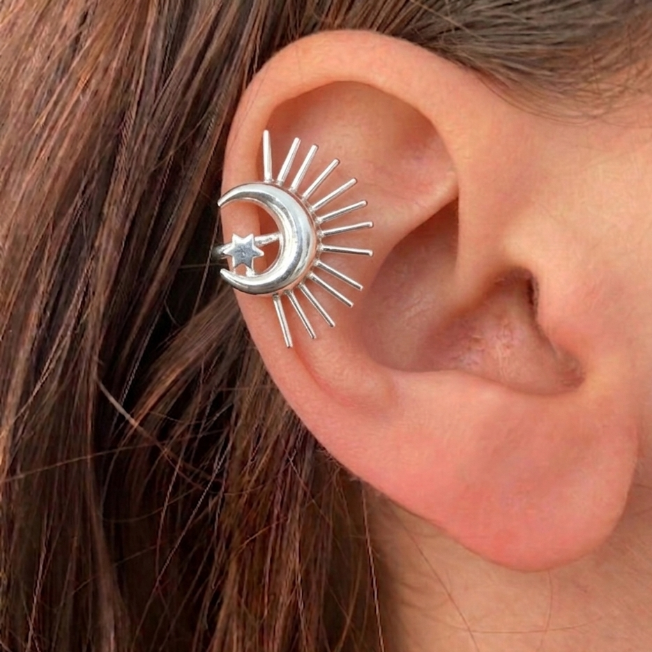 Gold Crescent Moon & Sunburst Ear Cuff • Celestial Non-Pierced Earring Set