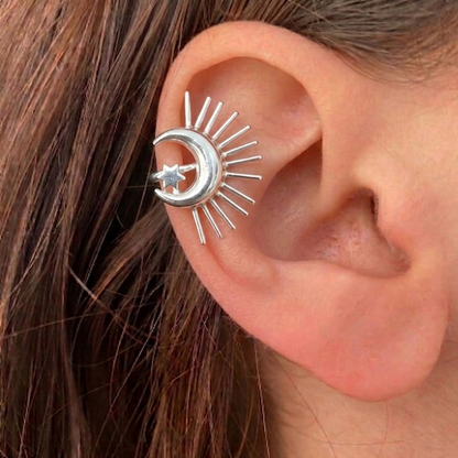 Gold Crescent Moon & Sunburst Ear Cuff • Celestial Non-Pierced Earring Set