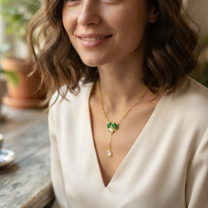 Multicolored Gemstone Drop Pendant Necklace – Gold Floral Cluster Y-Necklace