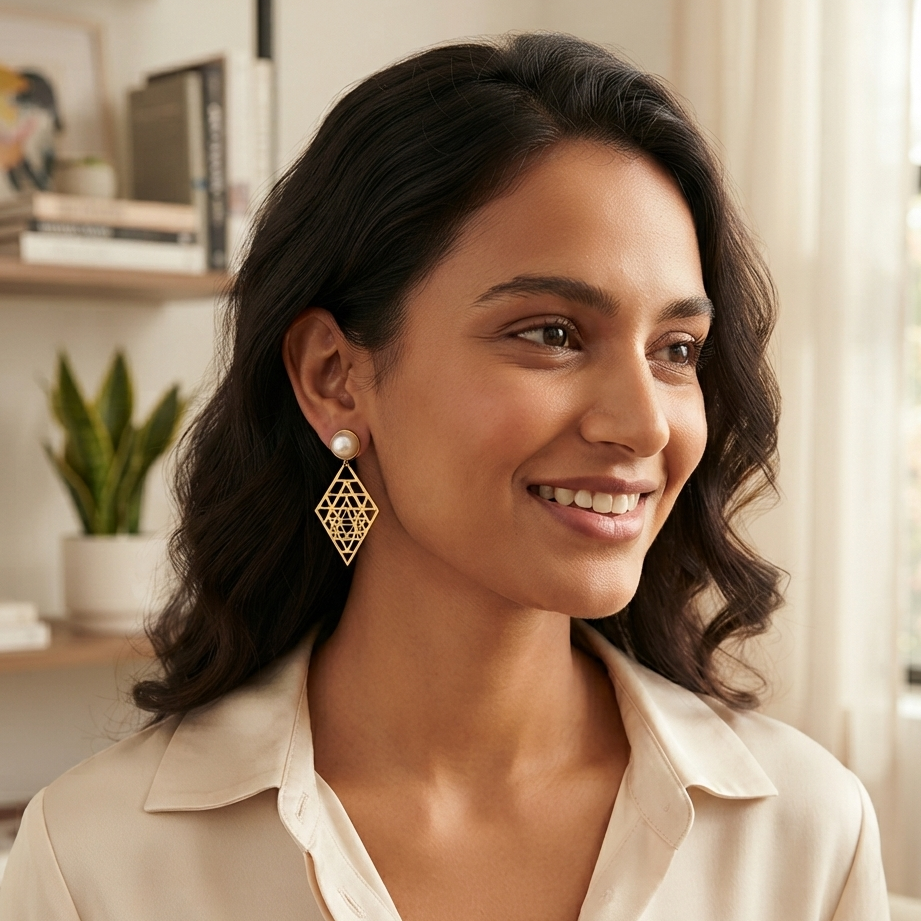Pearl & Sacred Geometry Gold Drop Earrings – Geometric Diamond Cutout Dangle Jewelry