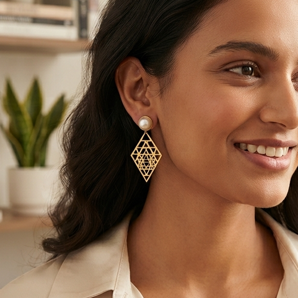 Pearl & Sacred Geometry Gold Drop Earrings – Geometric Diamond Cutout Dangle Jewelry