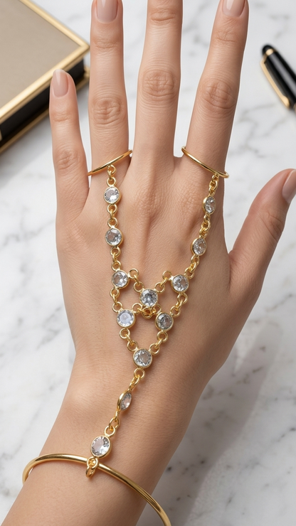 Gold Hand Harness Bracelet Ring | Boho Hand Chain Jewelry|Bridal Handpiece|Adjustable Brass Hand Accessory