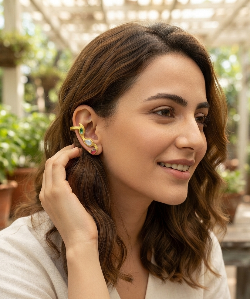 Multicolored Gemstone Gold Ear Cuff – Statement Cartilage Wrap & Non-Pierced Earpiece