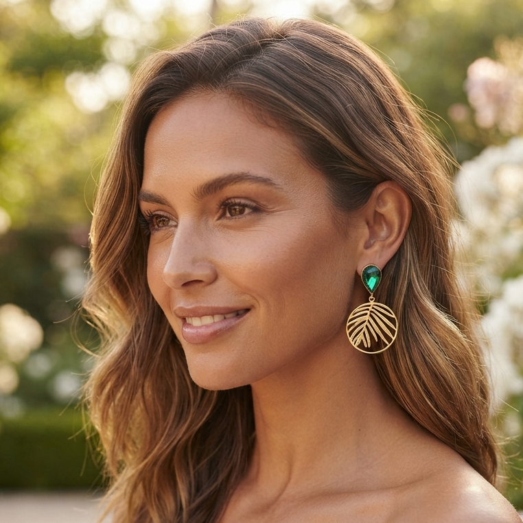 Crystal & Gold Palm Leaf Drop Earrings – Tropical Botanical Statement Dangle Jewelry