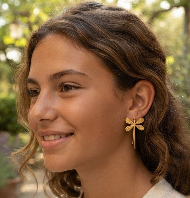 Gold-Tone Dragonfly Drop Earrings – Whimsical Nature-Inspired Statement Jewelry