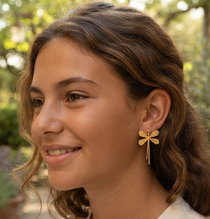 Gold-Tone Dragonfly Drop Earrings – Whimsical Nature-Inspired Statement Jewelry