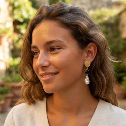 Elegant Gold, Onyx & Baroque Pearl Drop Earrings – Artisan Statement Dangles