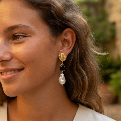 Elegant Gold, Onyx & Baroque Pearl Drop Earrings – Artisan Statement Dangles