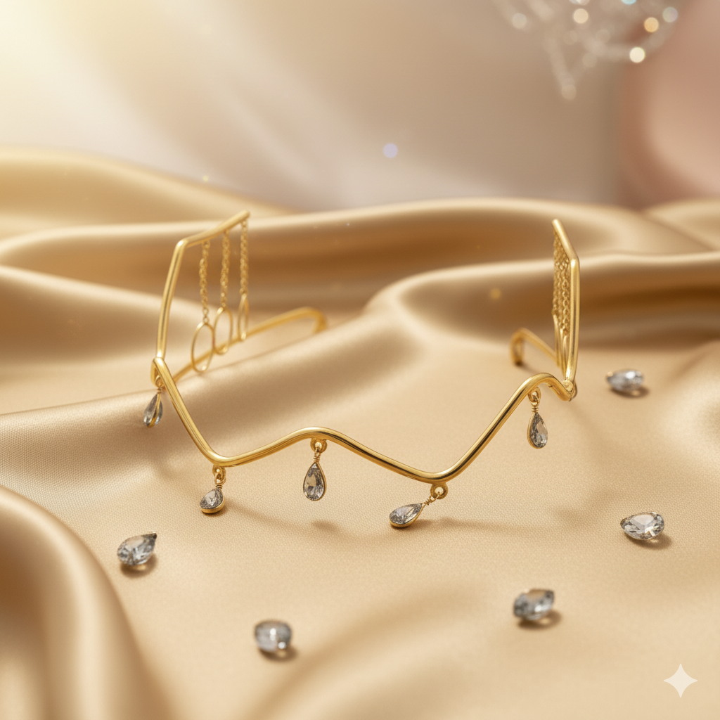 Gold-Plated Wave Tiara with Crystal Drop Charms✨