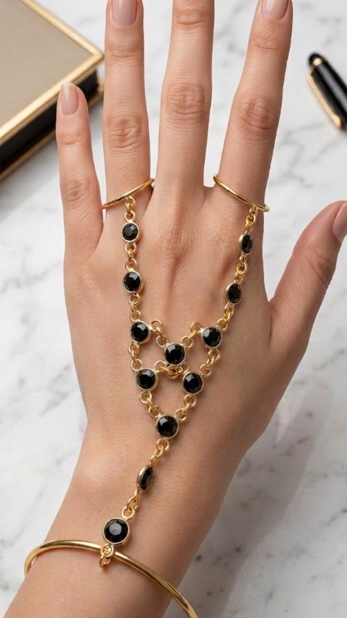 Gold Hand Harness Bracelet Ring | Boho Hand Chain Jewelry|Bridal Handpiece|Adjustable Brass Hand Accessory