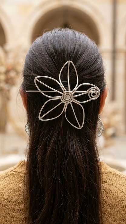 Silver Wire Flower Bun Cage – Minimalist Floral Hair Slide – Modern Botanical Hair Stick