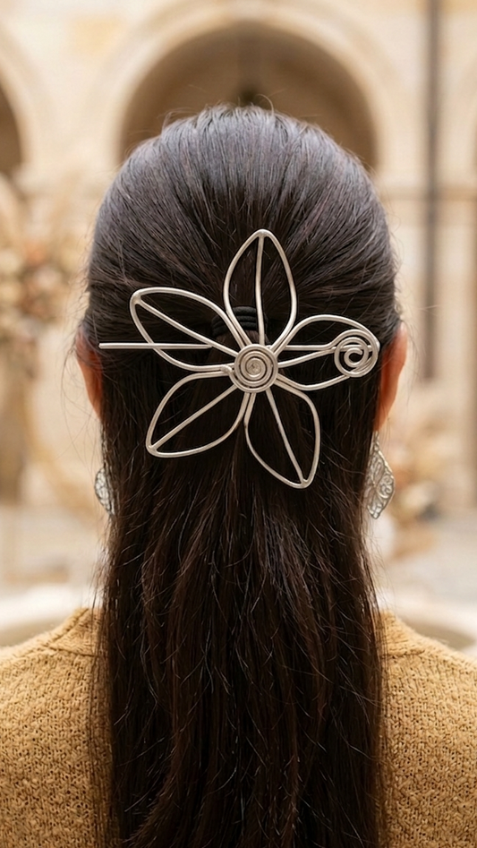 Silver Wire Flower Bun Cage – Minimalist Floral Hair Slide – Modern Botanical Hair Stick