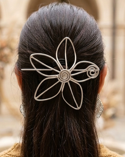 Silver Wire Flower Bun Cage – Minimalist Floral Hair Slide – Modern Botanical Hair Stick