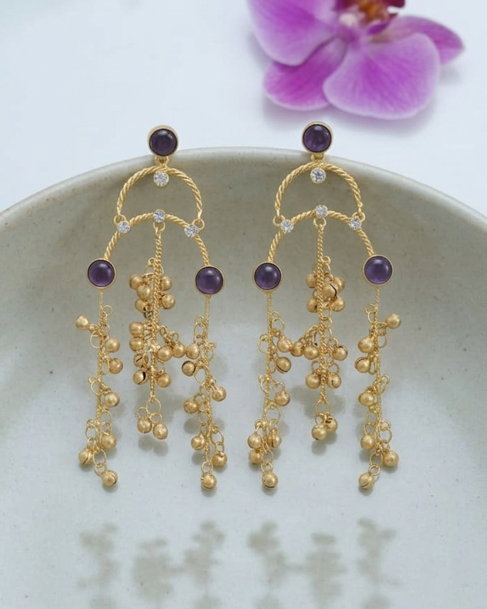 Gold Chandelier Earrings with Amethyst ✨ Purple Gemstone Drop Earrings ✨ Renaissance Chandelier Dangles ✨ Unique Bridal Jewelry ✨ Gift for Her