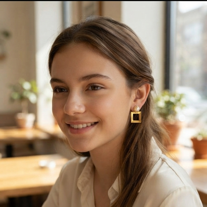 Gold Square Drop Earrings with Pearl Stud – Geometric Modern Minimalist Jewelry