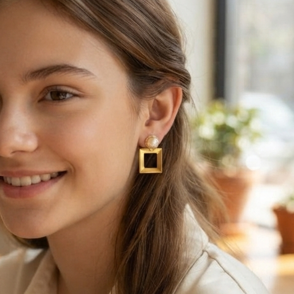 Gold Square Drop Earrings with Pearl Stud – Geometric Modern Minimalist Jewelry