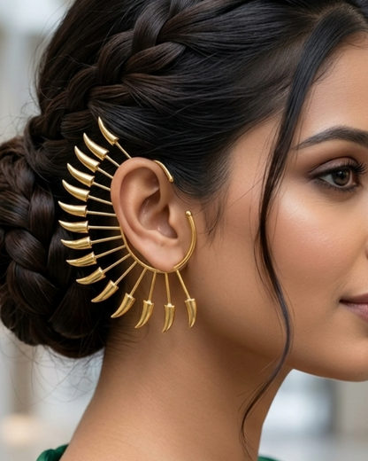 Gold Spike Fan Ear Cuff ✨ | Statement Ear Wrap Earrings 🔥 | Bold Boho Ear Climber, No Piercing Jewelry