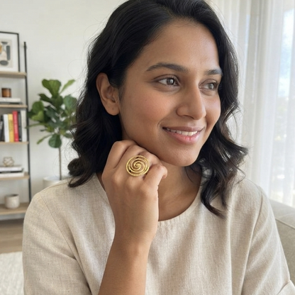 Gold Spiral Statement Ring – Textured Circular Swirl Cocktail Ring & Modern Artisan Jewelry
