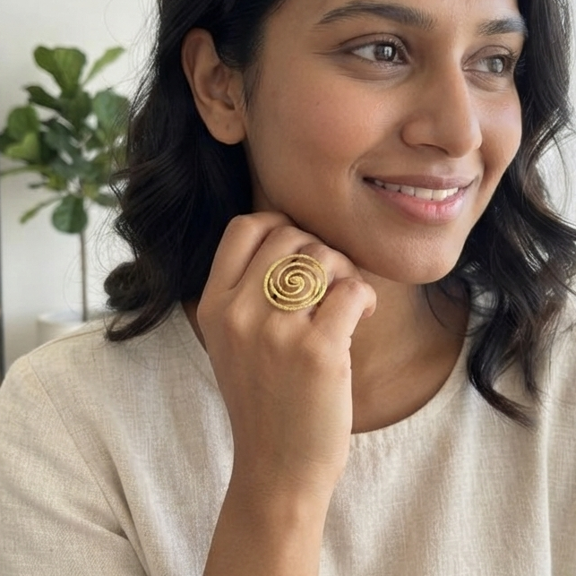 Gold Spiral Statement Ring – Textured Circular Swirl Cocktail Ring & Modern Artisan Jewelry