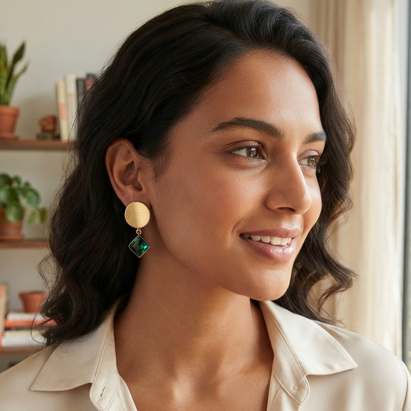 Gold Disc & Emerald Green Square Gemstone Drop Earrings – Modern Geometric Dangle Jewelry
