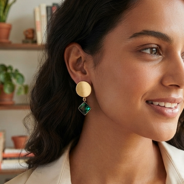 Gold Disc & Emerald Green Square Gemstone Drop Earrings – Modern Geometric Dangle Jewelry